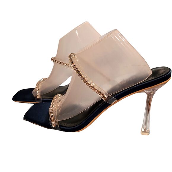 Cape Robbin Teal Satin Acrylic Stiletto Rhinestone Straps Slide On Wedding Heels - Picture 2 of 5